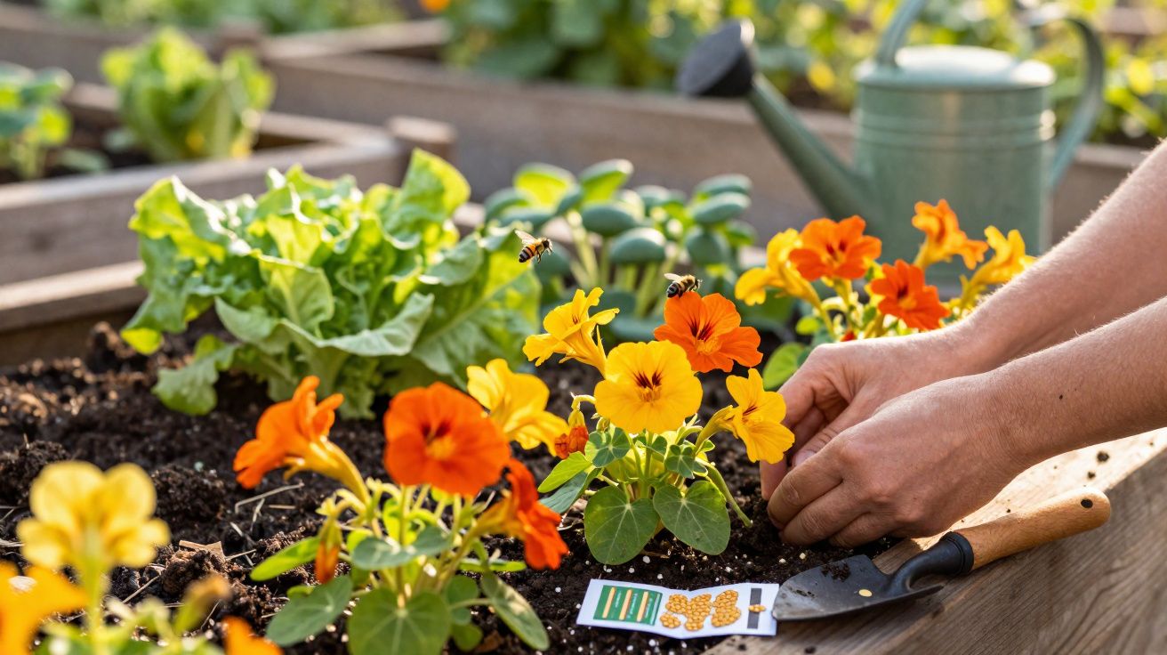 Mãos a plantar flores amarelas e laranjas em canteiro com alface e ferramentas de jardinagem.