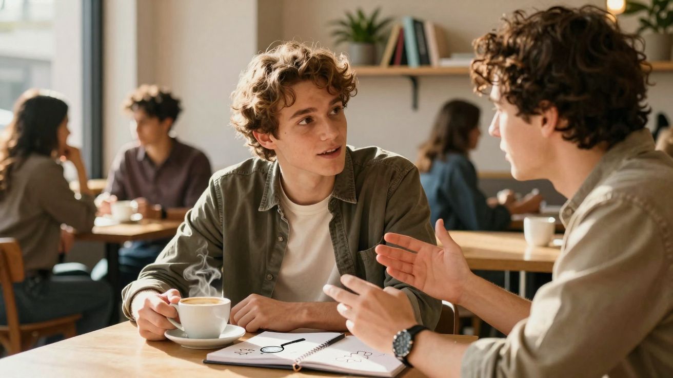 Dois jovens conversam animadamente numa cafeteria, com uma chávena de café e um caderno à frente.