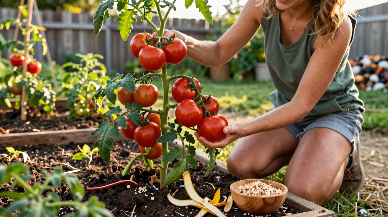 Mulher a colher tomates vermelhos maduros num canteiro de jardim com sol da tarde.