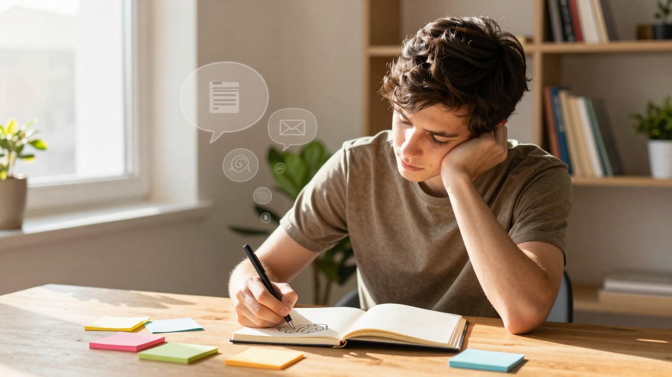 Rapaz sentado a escrever num caderno com notas adesivas à sua frente numa mesa iluminada pelo sol.