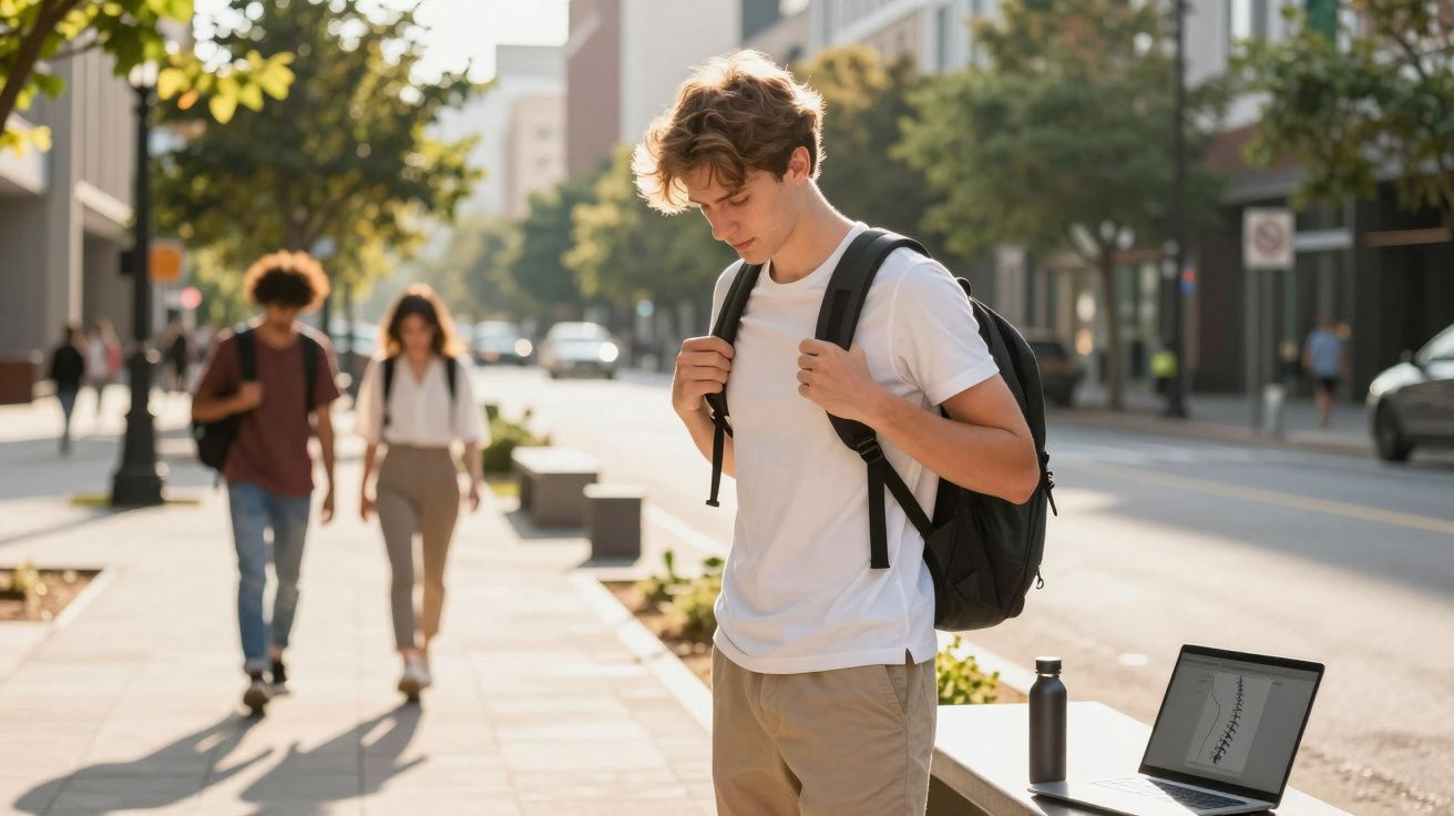 Jovem com mochila branca e bege numa rua urbana ensolarada, com laptop e garrafa numa mesa perto.