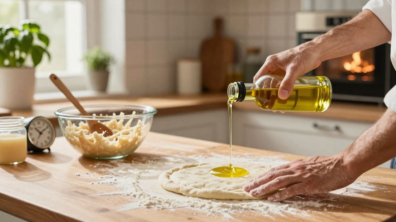 Pessoa a deitar azeite numa base de massa caseira numa cozinha iluminada e bem organizada.