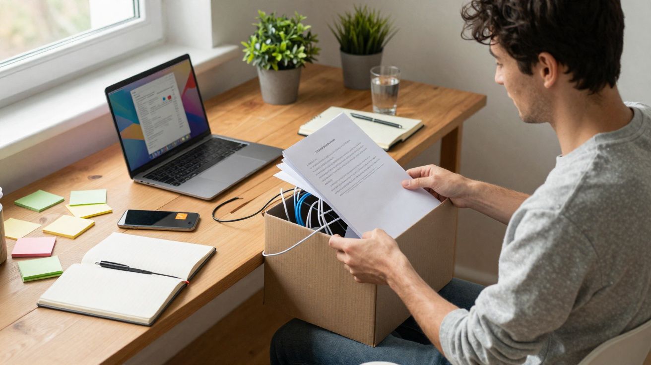 Pessoa a organizar documentos numa caixa junto a secretária com computador portátil e material de escritório.