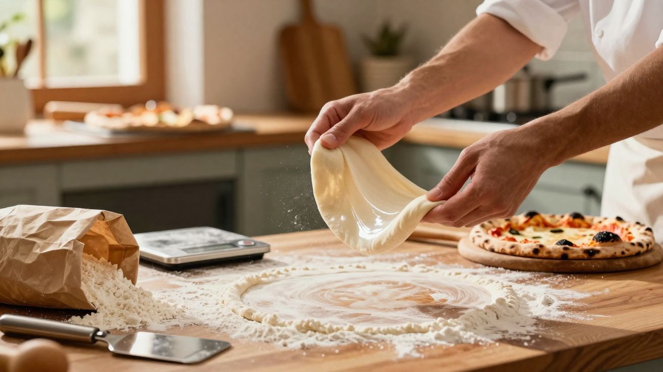 Mãos esticando massa de pizza numa bancada de madeira com farinha espalhada e pizza pronta ao fundo.