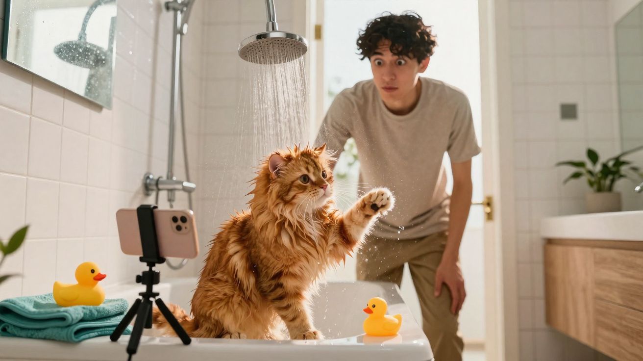 Gato molhado na banheira a tocar água, com homem surpreendido a observar e brinquedos de borracha amarelos.