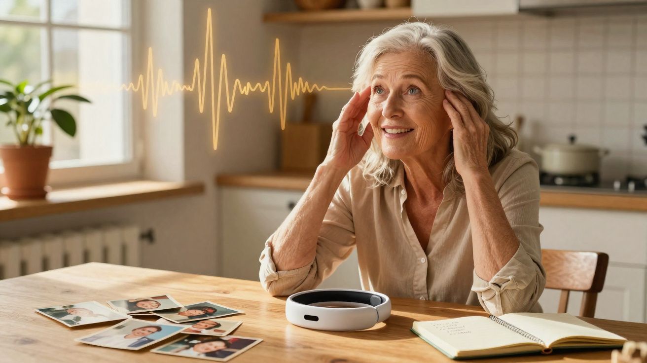 Mulher idosa sentada à mesa com dispositivo auditivo e fotografias, sorrindo e tocando nas orelhas.