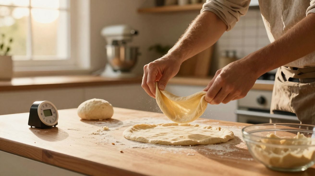 Pessoa a esticar massa numa cozinha com timer, bola de massa e tigela com ingredientes na bancada.