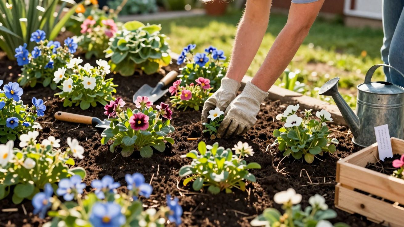 Pessoa a plantar flores coloridas numa cama de jardim com luvas e regador ao lado.