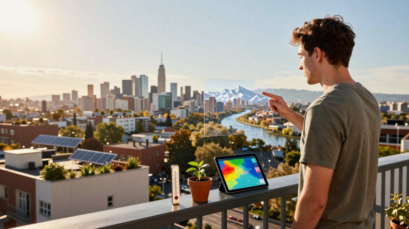Homem a interagir com ecrã transparente e tablet numa varanda com vista para cidade e rio ao pôr do sol.