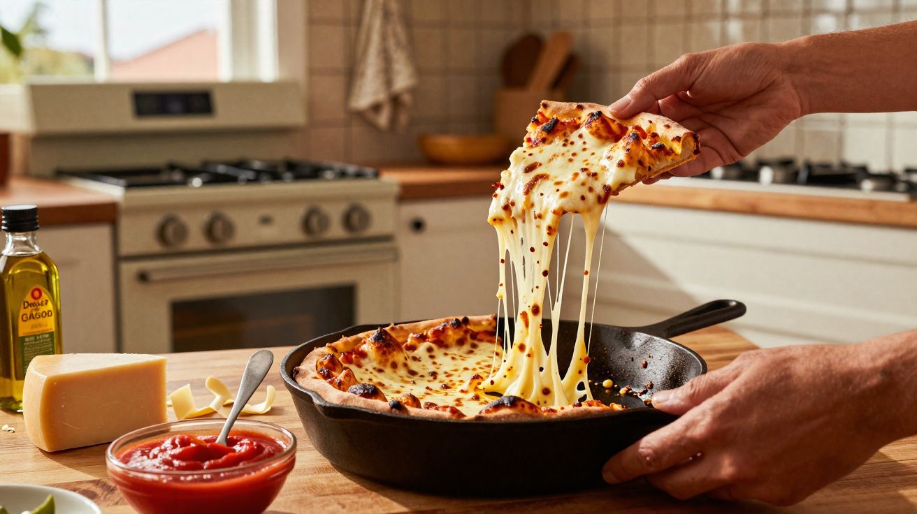 Pizza de queijo derretido a ser retirada de uma frigideira preta numa cozinha acolhedora.