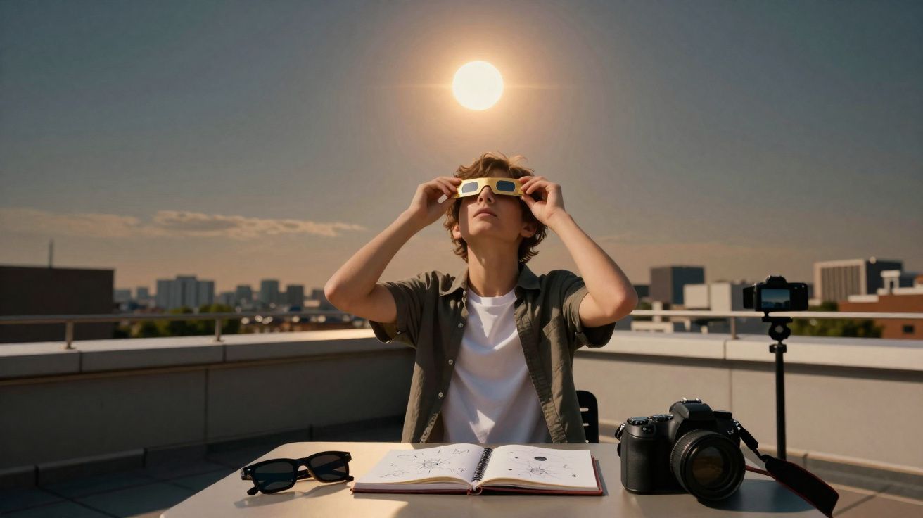 Jovem observa o sol com óculos de proteção numa mesa com livro, câmeras e outro par de óculos numa cobertura urbana.