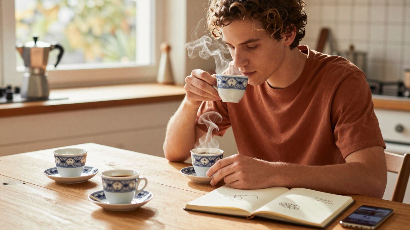 Jovem sentado à mesa a beber café quente em chávena azul e branca, com livro aberto à frente.