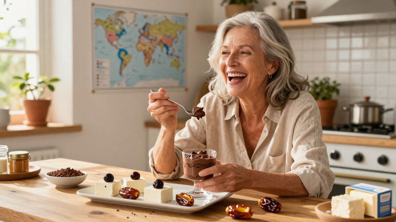 Mulher sénior sorridente a provar sobremesa de chocolate na cozinha iluminada com decoração simples.