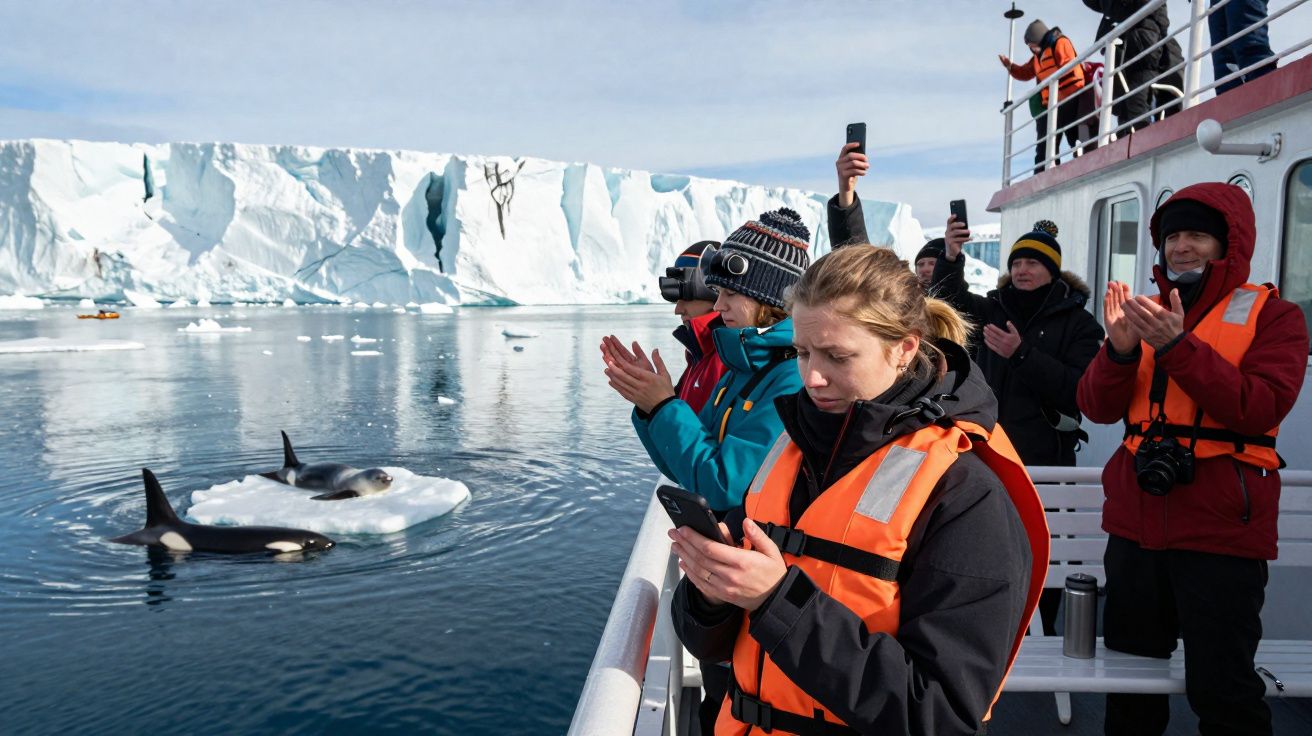 Turistas com coletes salva-vidas observam e fotografam orcas perto de icebergue no Ártico a partir de um barco.