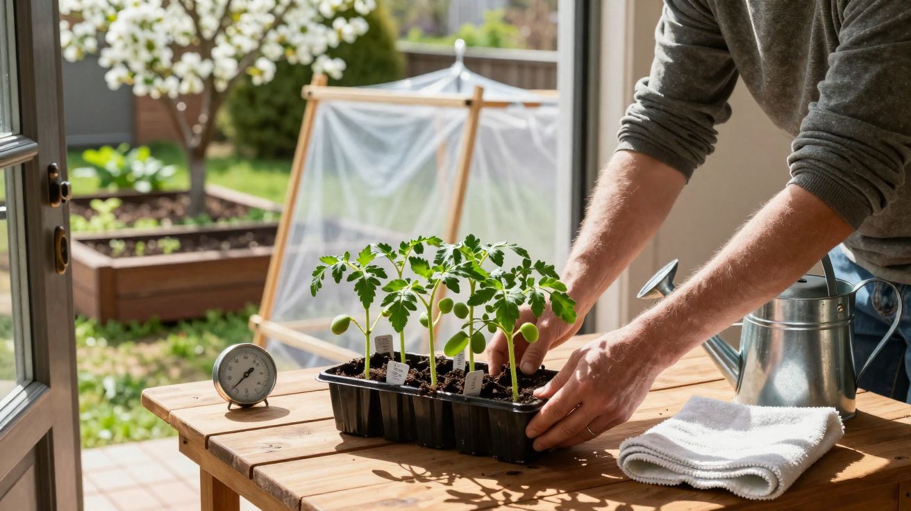 Pessoa a transplantar mudas de tomateiras num tabuleiro preto num jardim com regador e termómetro à mesa.