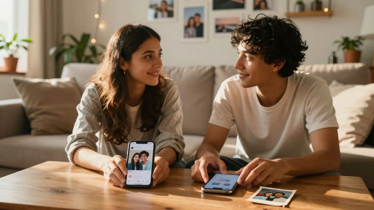Casal jovem sentado numa sala, a olhar um para o outro com telemóveis e fotografia na mesa à frente.
