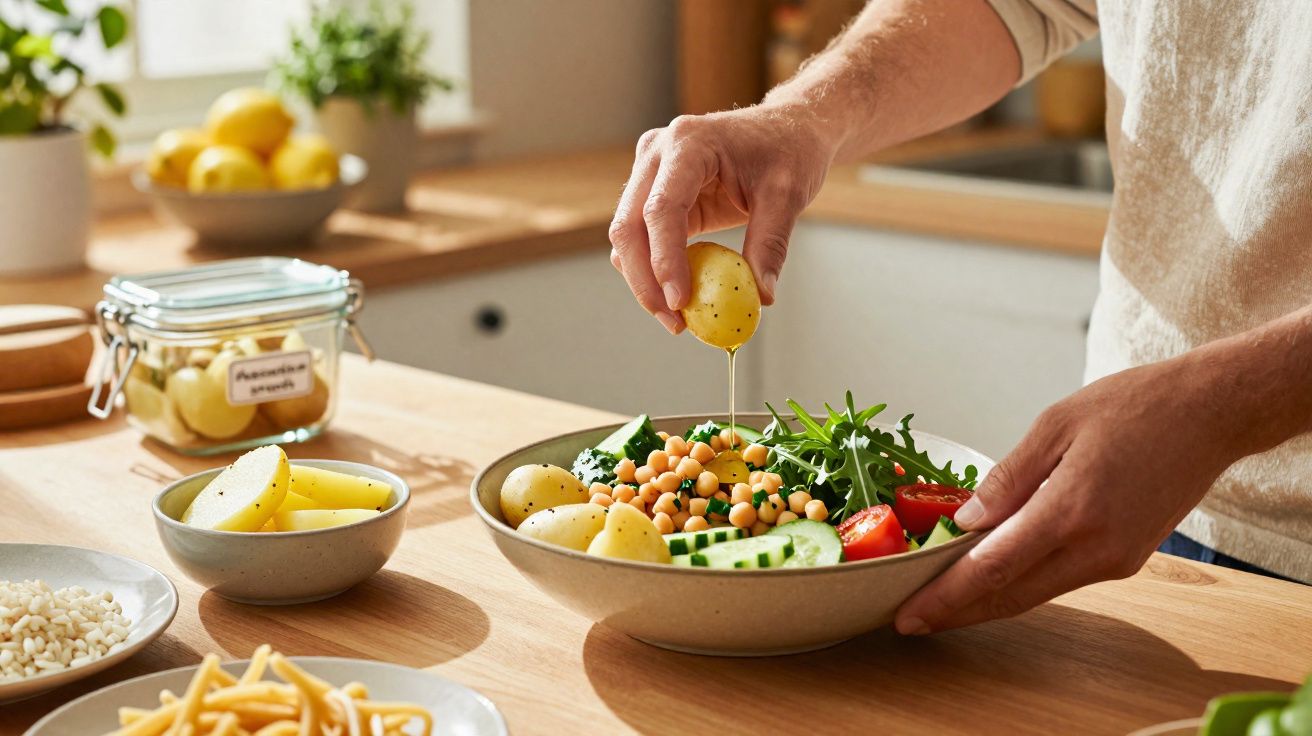 Pessoa a espremer limão numa salada com grão, batata, tomate, pepino e rúcula numa cozinha luminosa.
