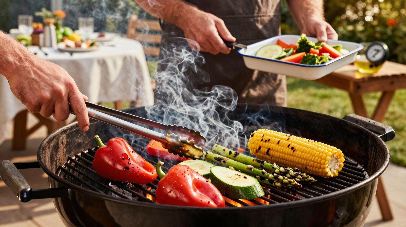 Pessoas a grelharem legumes variados, incluindo pimento, curgete, espargos e milho, num churrasco ao ar livre.