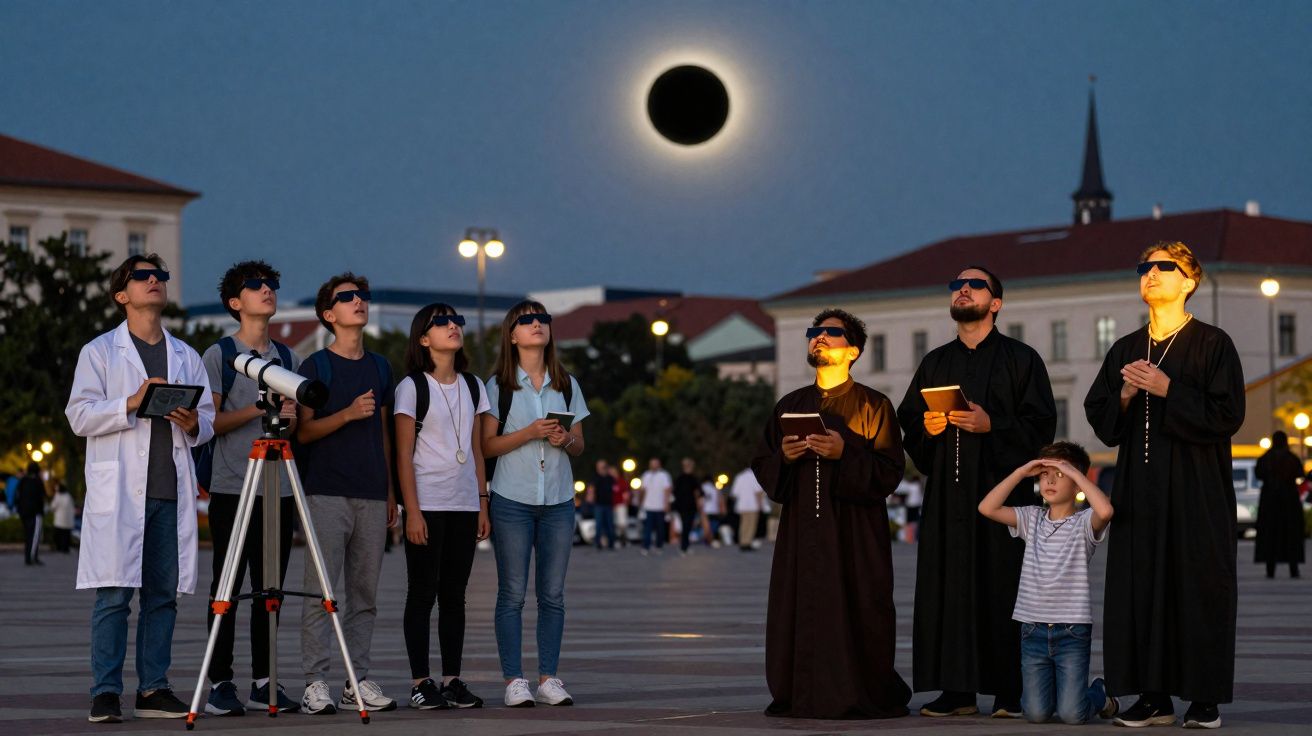 Grupo de pessoas com óculos especiais a observar eclipse solar numa praça ao entardecer.