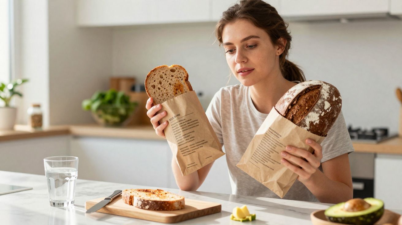 Mulher segura dois tipos de pão embalados enquanto está sentada numa cozinha moderna.