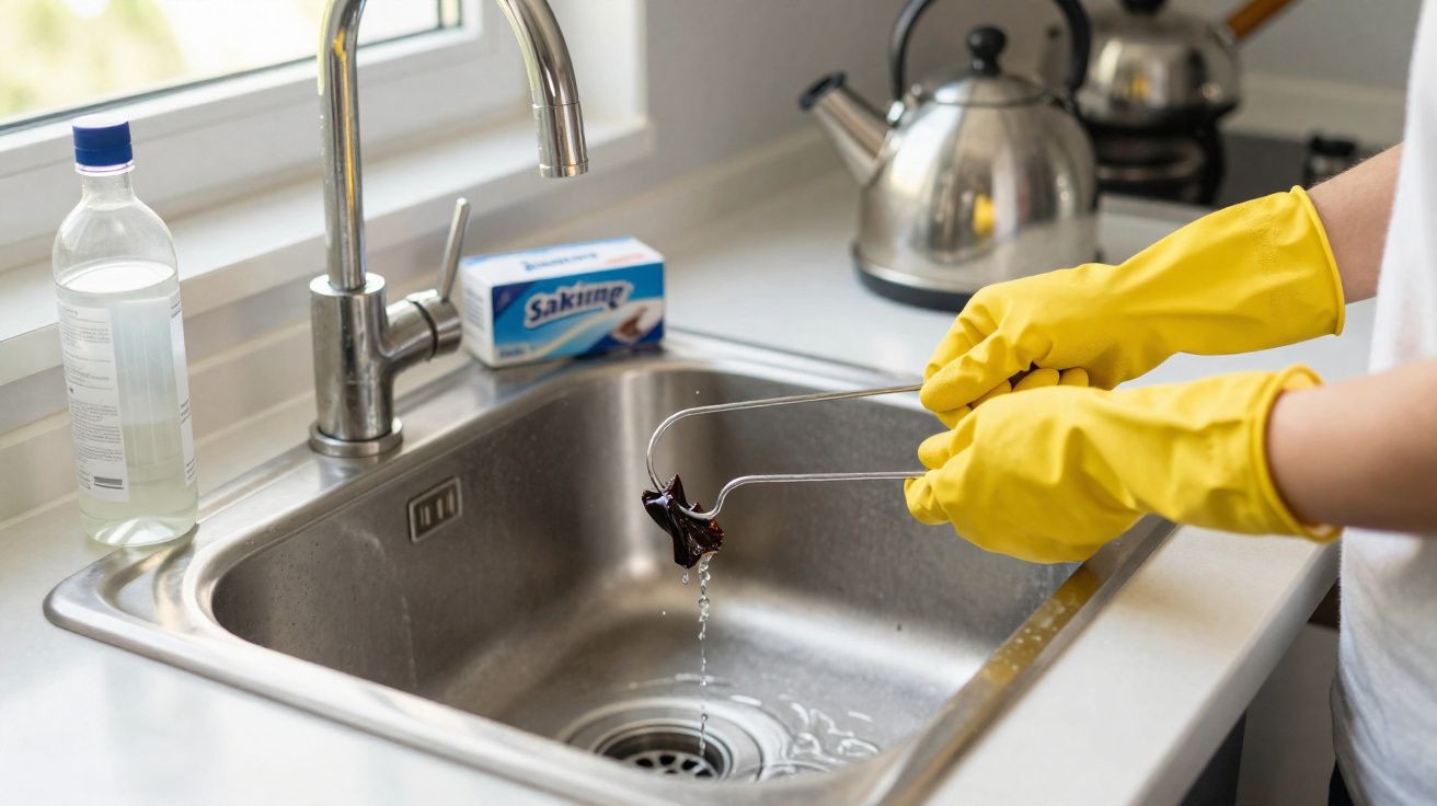 Pessoa com luvas amarelas a limpar filtro da máquina de lavar roupa sobre lava-loiças inox.