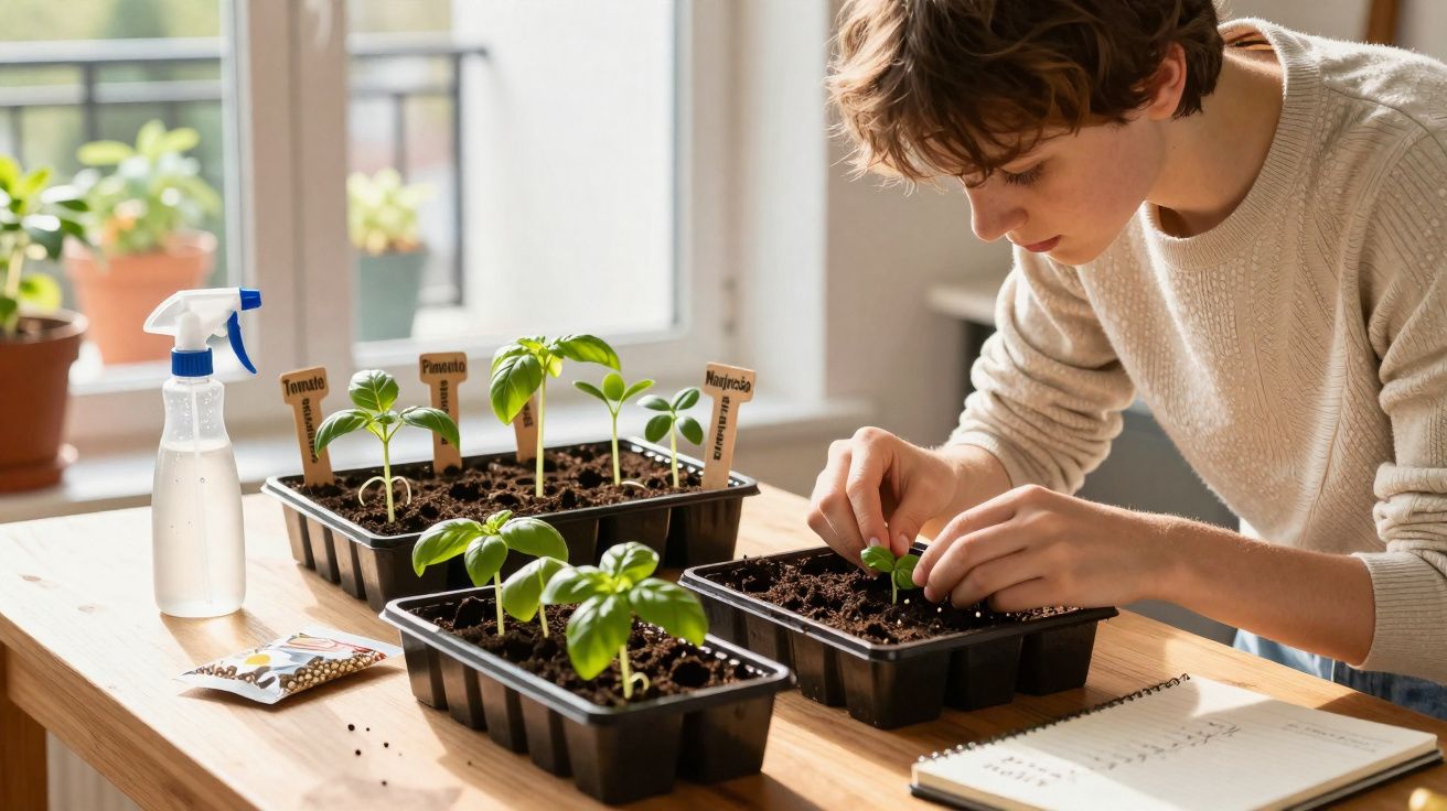 Jovem cuida de plantas em vasos pequenos numa mesa junto à janela, com pulverizador e caderno ao lado.