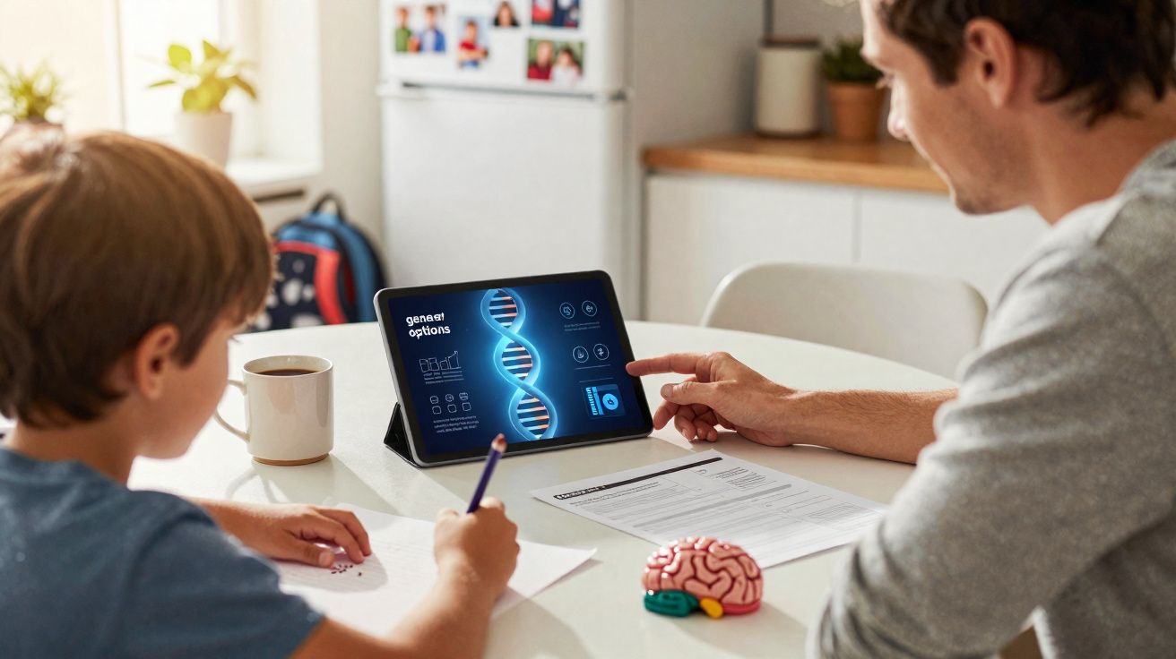 Adulto e criança sentados à mesa com tablet a mostrar imagem de ADN e material escolar.