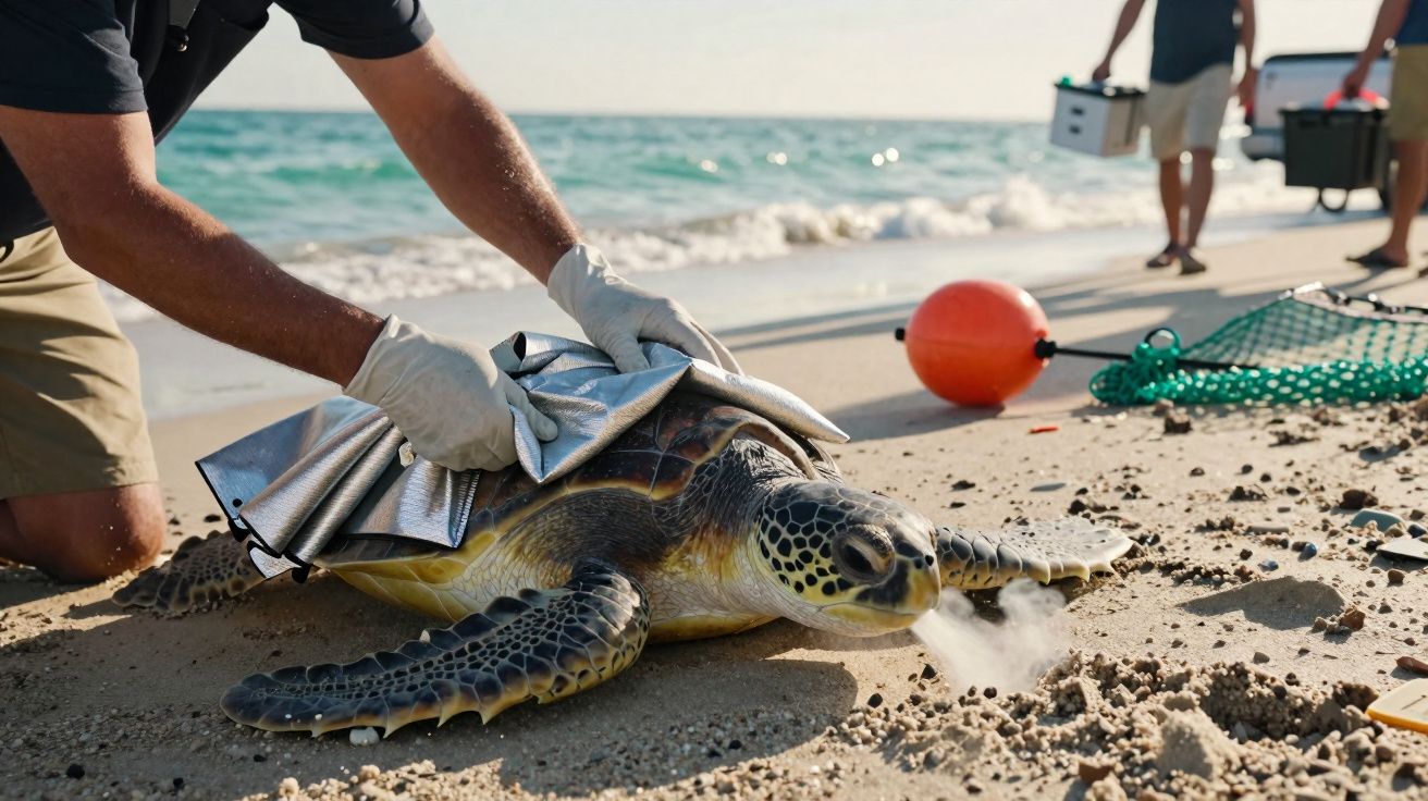 Homem usa luvas para cobrir tartaruga marinha com manta térmica na praia junto ao mar.