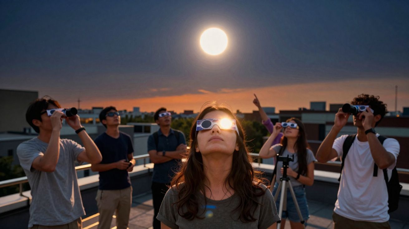 Grupo de pessoas a observar o eclipse solar com óculos protetores num terraço ao pôr do sol.