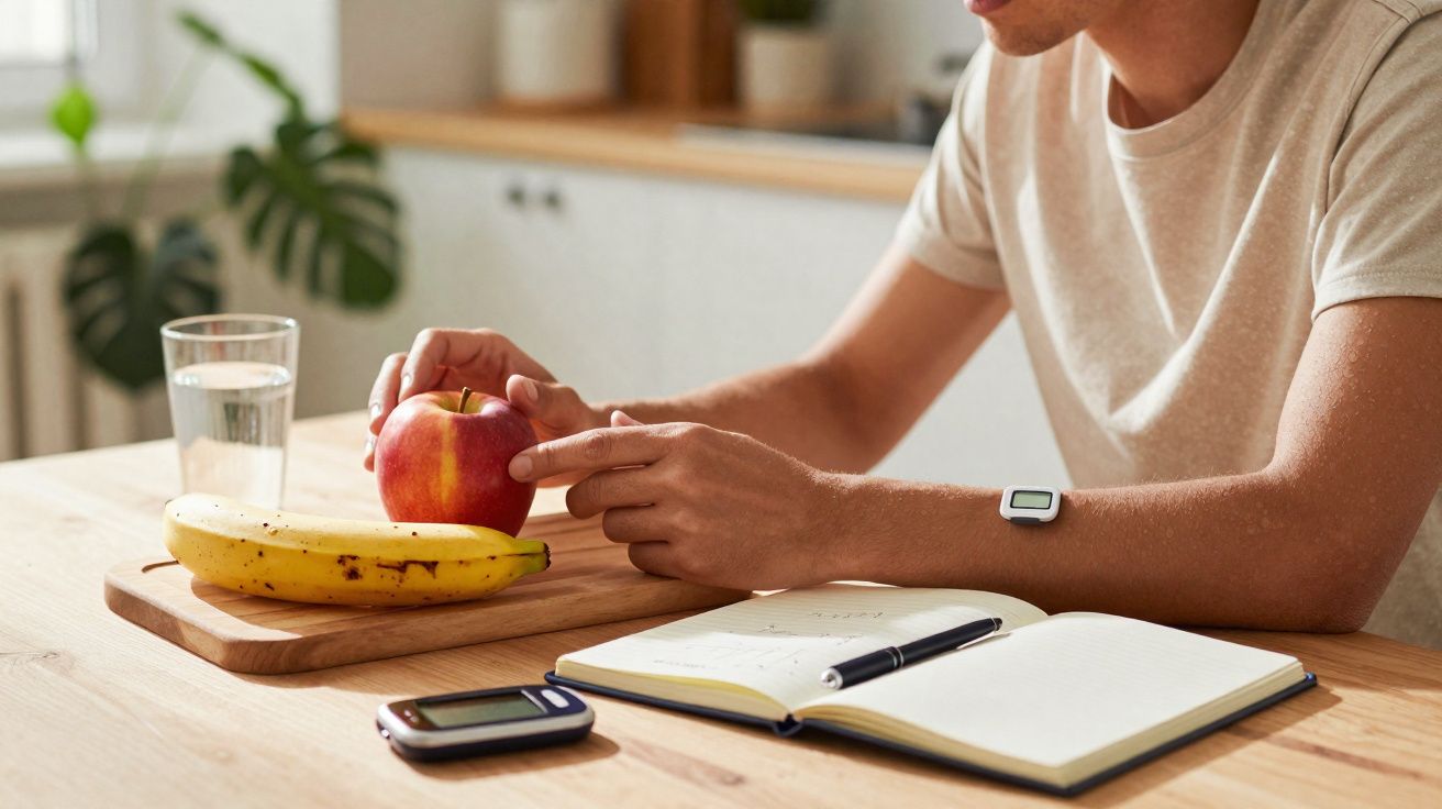 Pessoa sentada à mesa com maçã, banana, copo de água, caderno, caneta e dispositivo de monitorização.