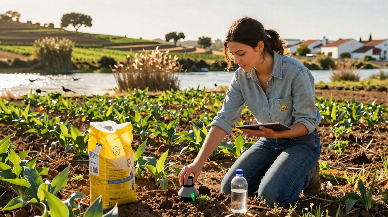 Mulher de joelhos na horta a analisar plantas com equipamento digital e a segurar um tablet, junto a saco de fertilizante.