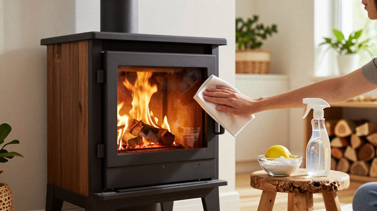 Pessoa a limpar a porta de uma salamandra a lenha acesa numa sala acolhedora.