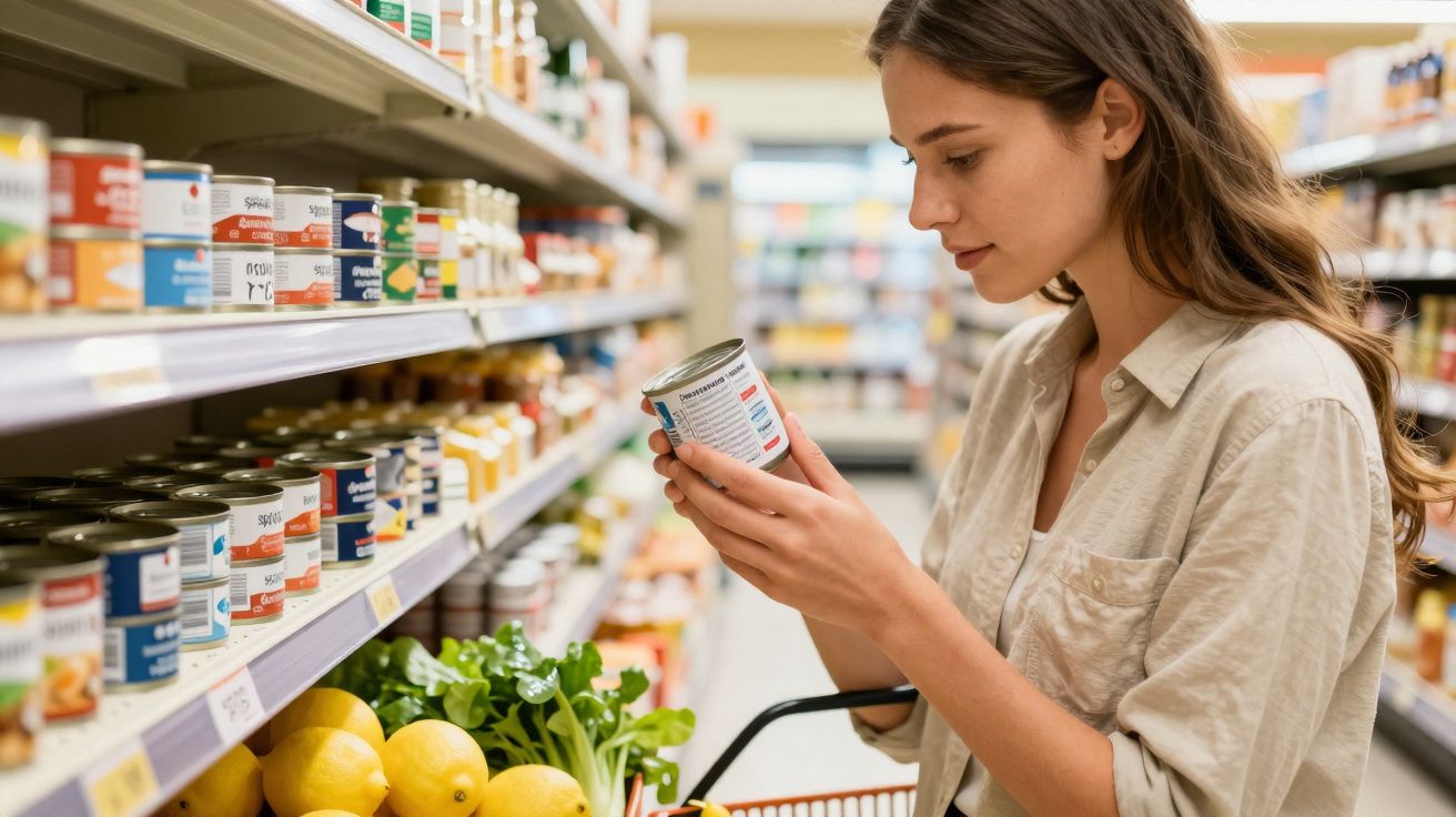 Mulher a analisar um produto enlatado na mão num corredor de supermercado.