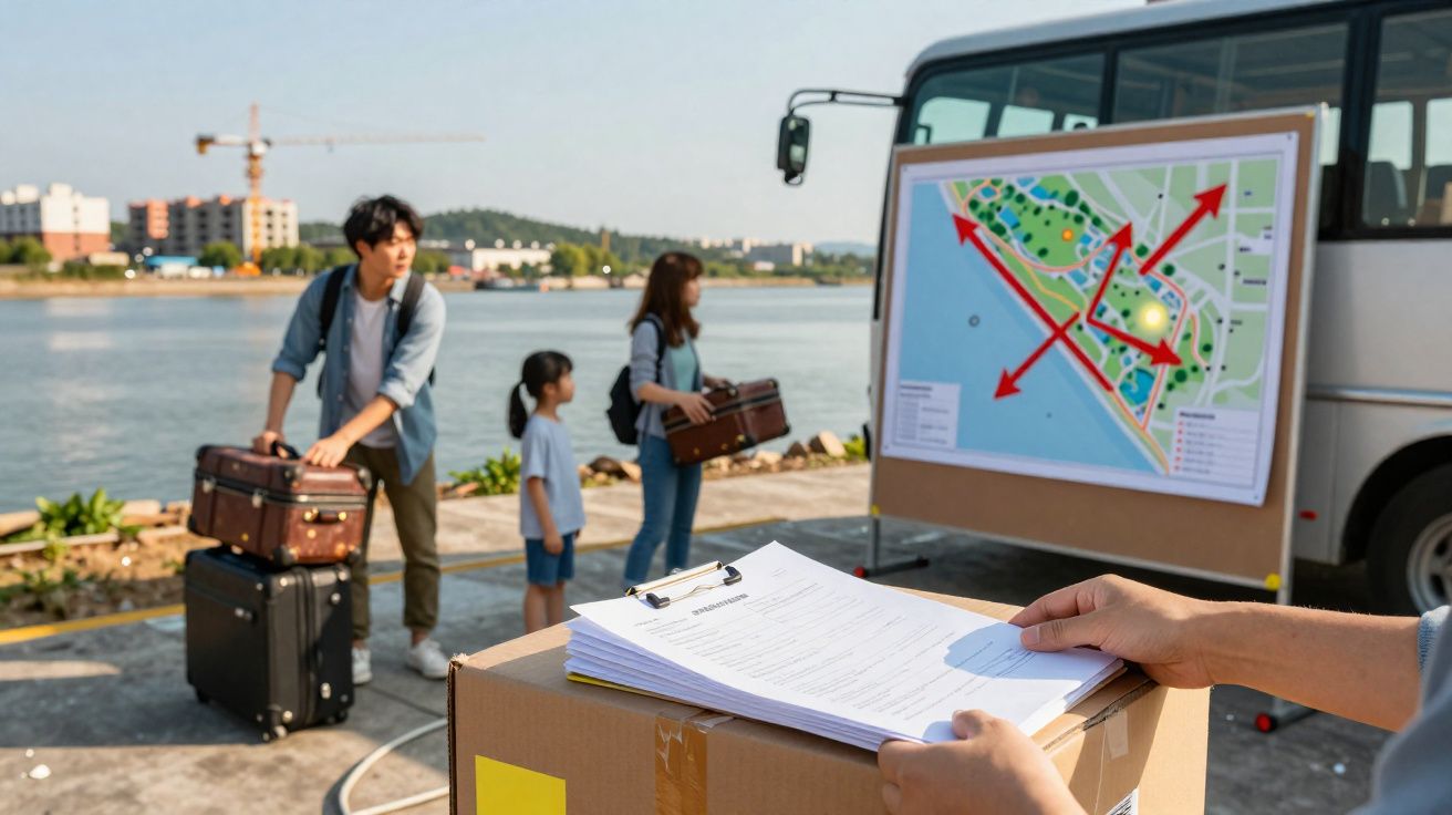 Família com bagagens prepara-se para excursão junto a autocarro e mapa ilustrativo em zona ribeirinha.