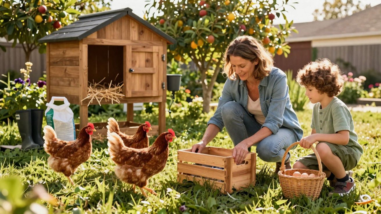 Mulher e menino recolhem ovos junto a galinhas e um galinheiro num jardim ao sol.