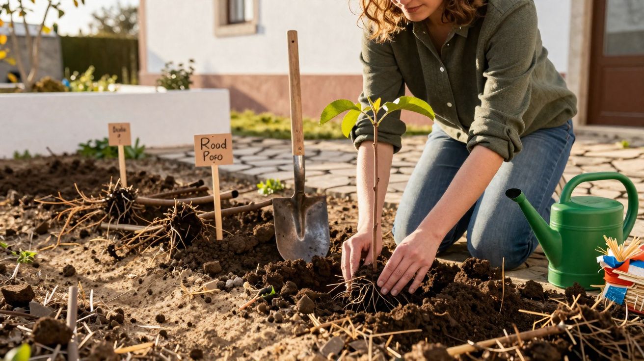 Pessoa a plantar muda numa horta com terra preparada e regador verde ao lado em ambiente exterior.