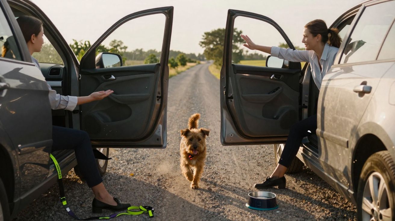 Duas mulheres sentadas em carros com portas abertas sorriem para um cão pequeno que caminha numa estrada de terra.