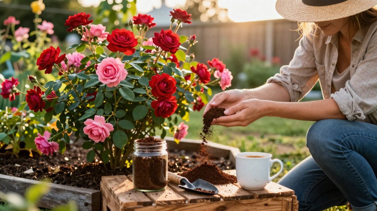 Mulher com chapéu a deitar composto orgânico em vaso junto a roseira com flores vermelhas e rosas.