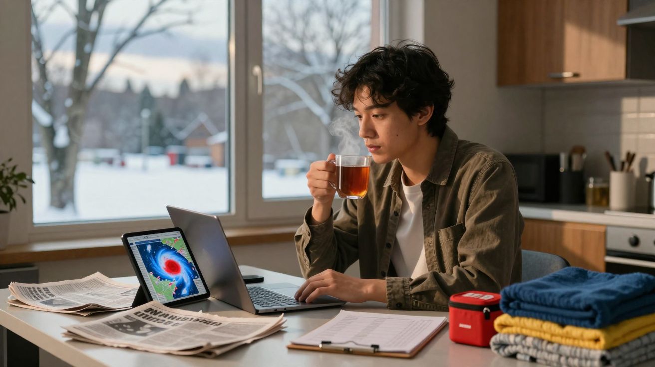 Jovem a trabalhar num laptop e a beber chá quente numa cozinha com vista para a neve.