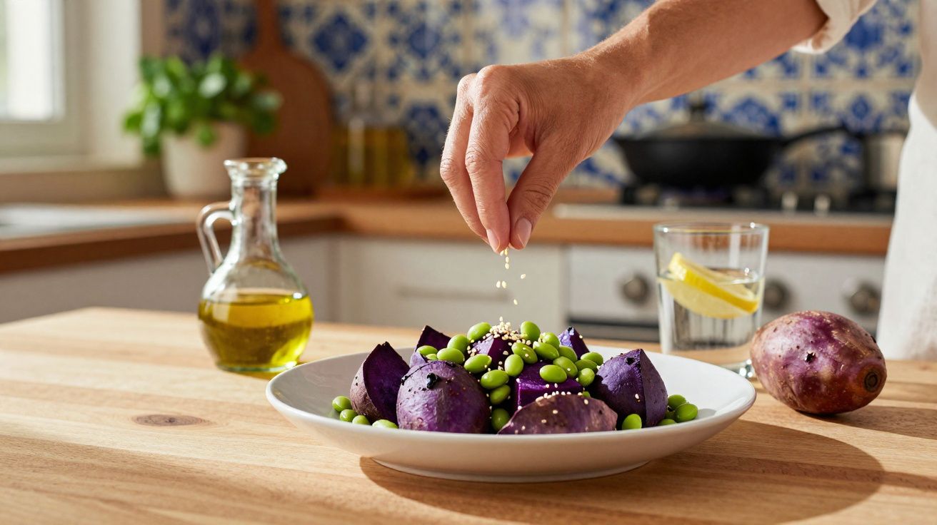 Pessoa a temperar batata-doce roxa com sementes num prato branco numa cozinha iluminada.