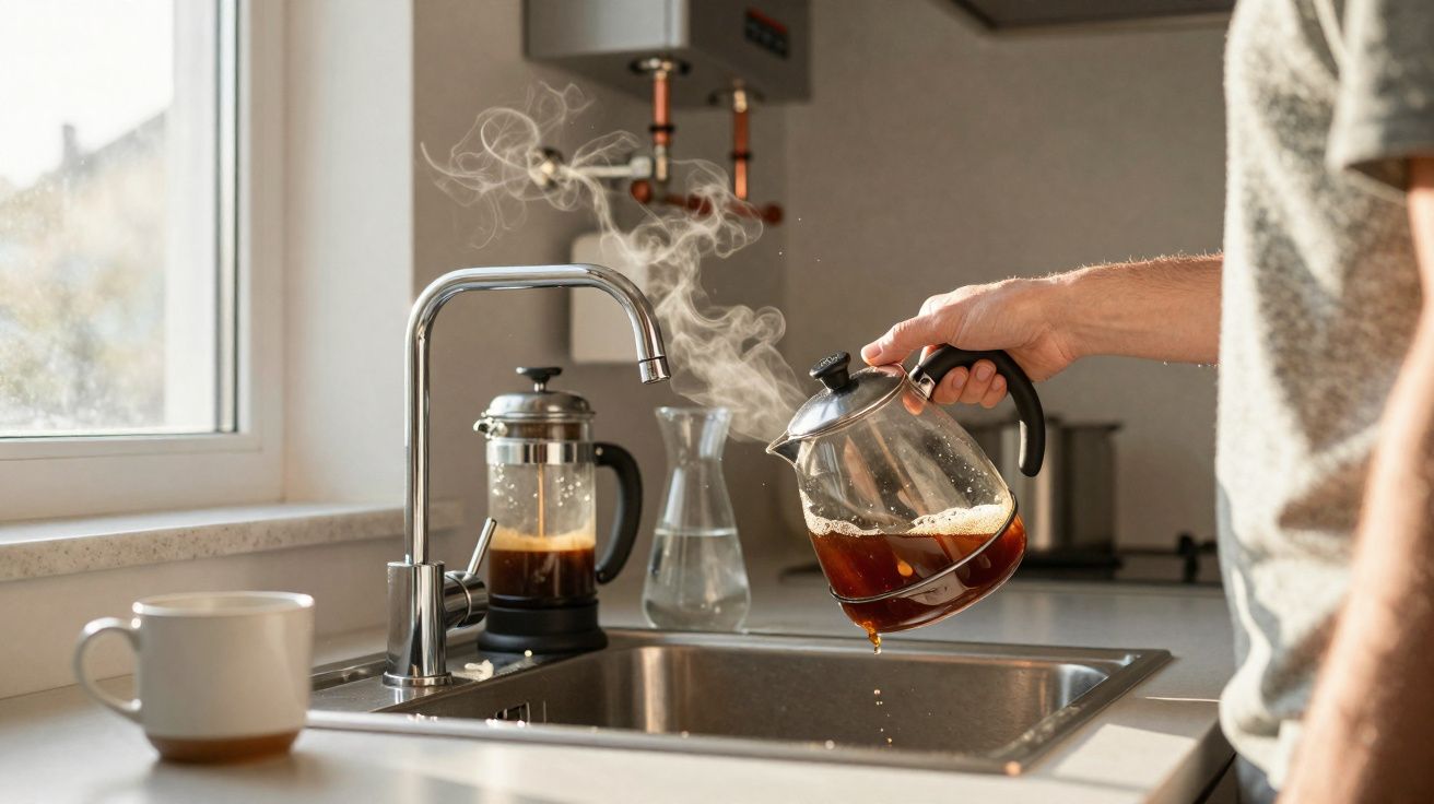 Pessoa a verter café quente numa cuba sobre uma pia de cozinha moderna junto a uma janela.