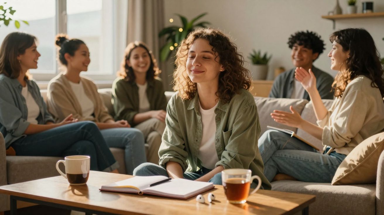 Grupo de jovens sentados em círculo numa sala iluminada, com livros e chá na mesa de centro.