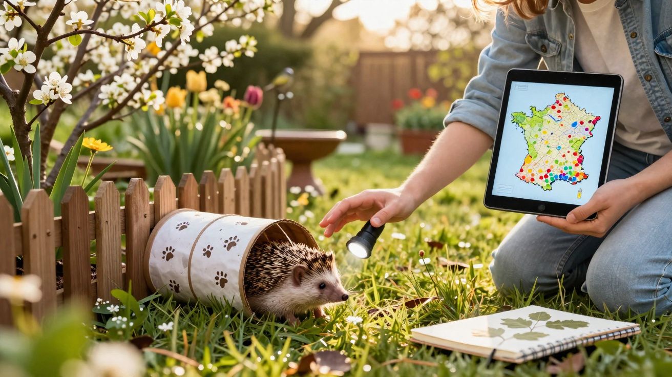 Pessoa a usar lanterna para iluminar um ouriço num jardim, segurando tablet com mapa da França colorido.