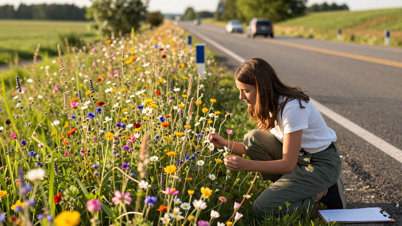 Mulher recolhe flores silvestres junto a uma estrada com flores coloridas sob luz do sol.
