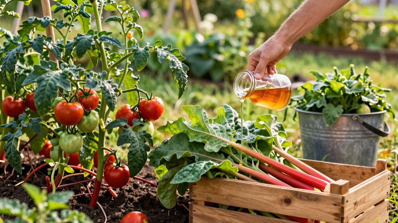 Pessoa a regar plantas numa horta com tomates vermelhos maduros e folhas verdes numa caixa de madeira.