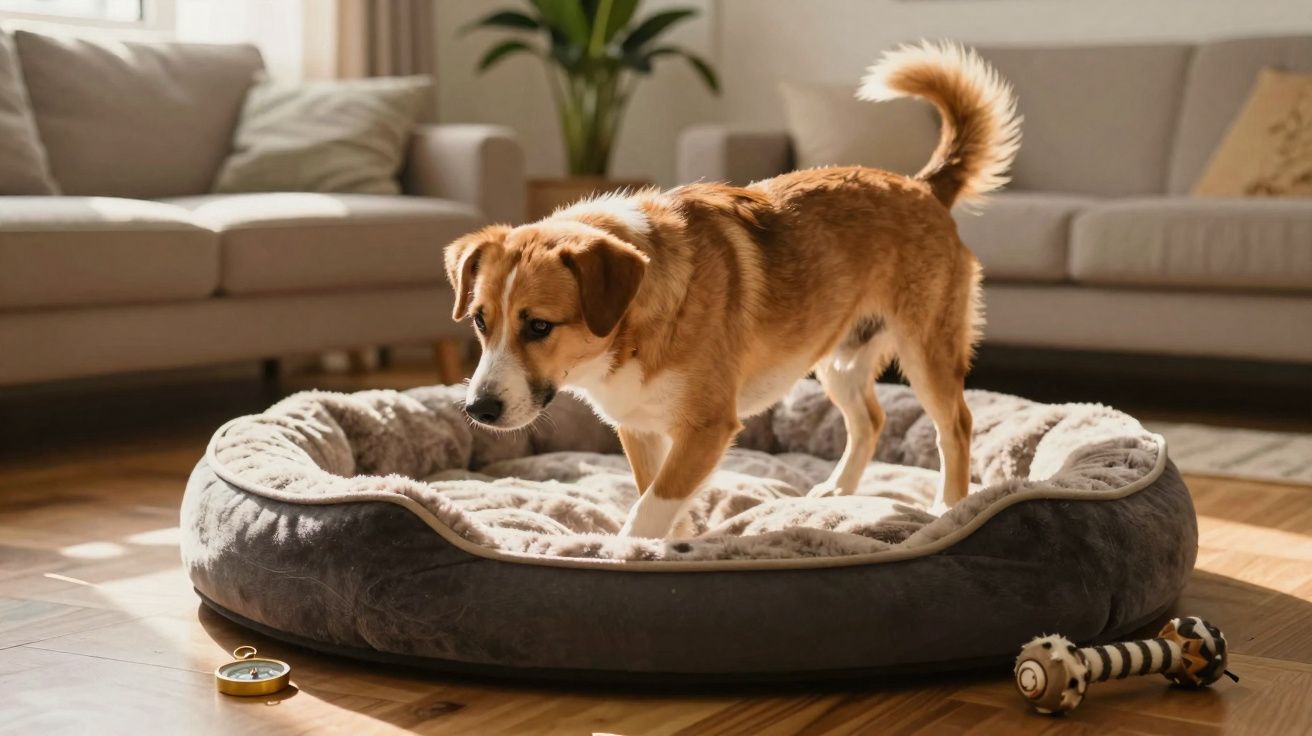 Cão castanho a explorar uma cama macia num chão de madeira numa sala com sofá e luz natural.