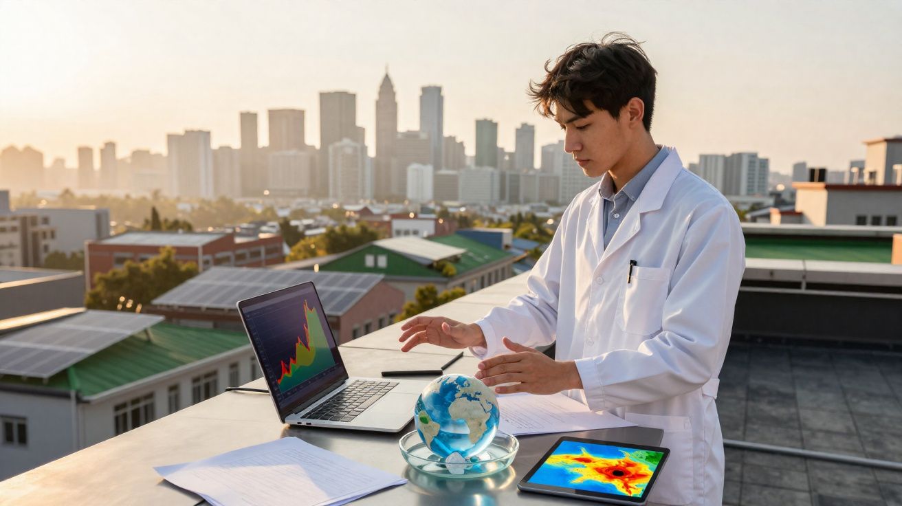 Cientista com bata branca analisa gráficos num computador e tablet, com globo terrestre na mesa e cidade ao fundo.