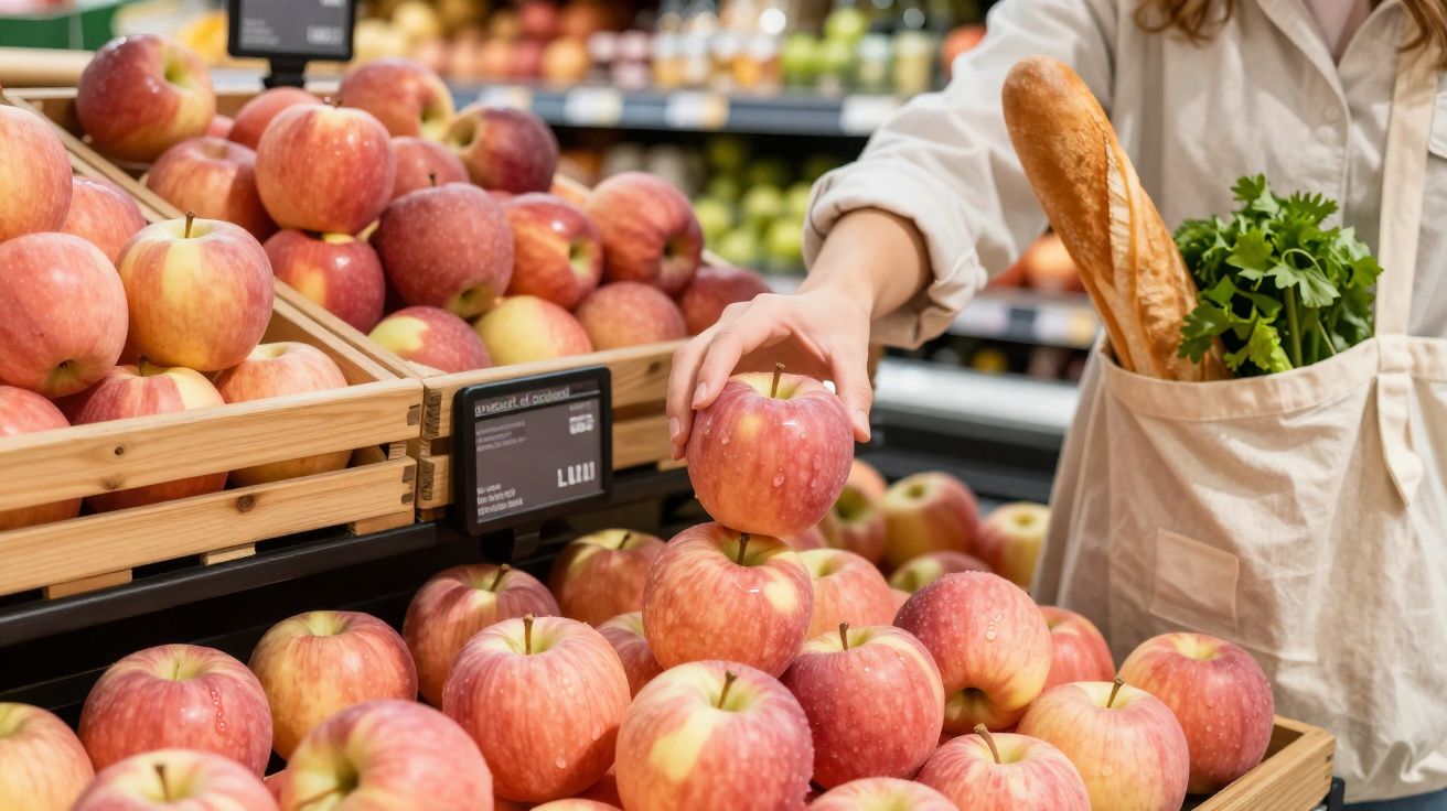 Pessoa a pegar uma maçã vermelha numa banca de frutas num supermercado, com baguete e coentros na mão.
