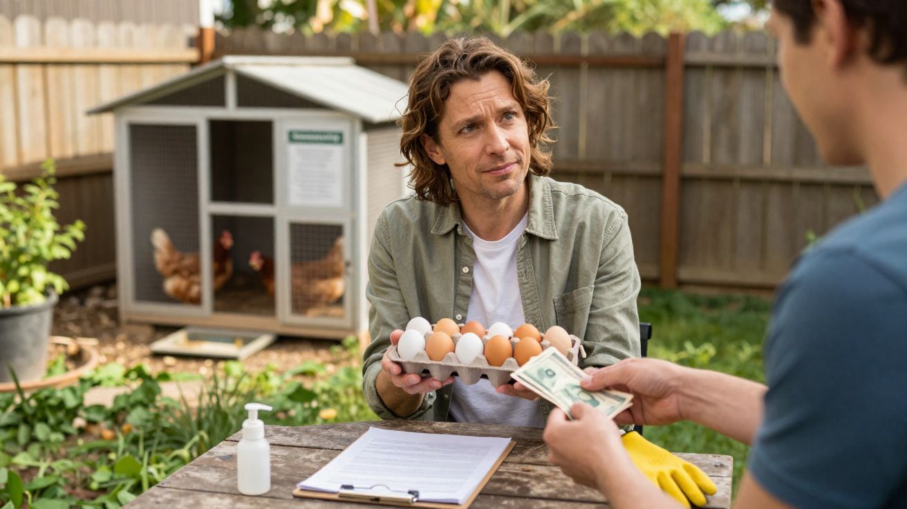 Homem entrega tabuleiro de ovos para outra pessoa ao ar livre junto a galinheiro, venda a dinheiro.