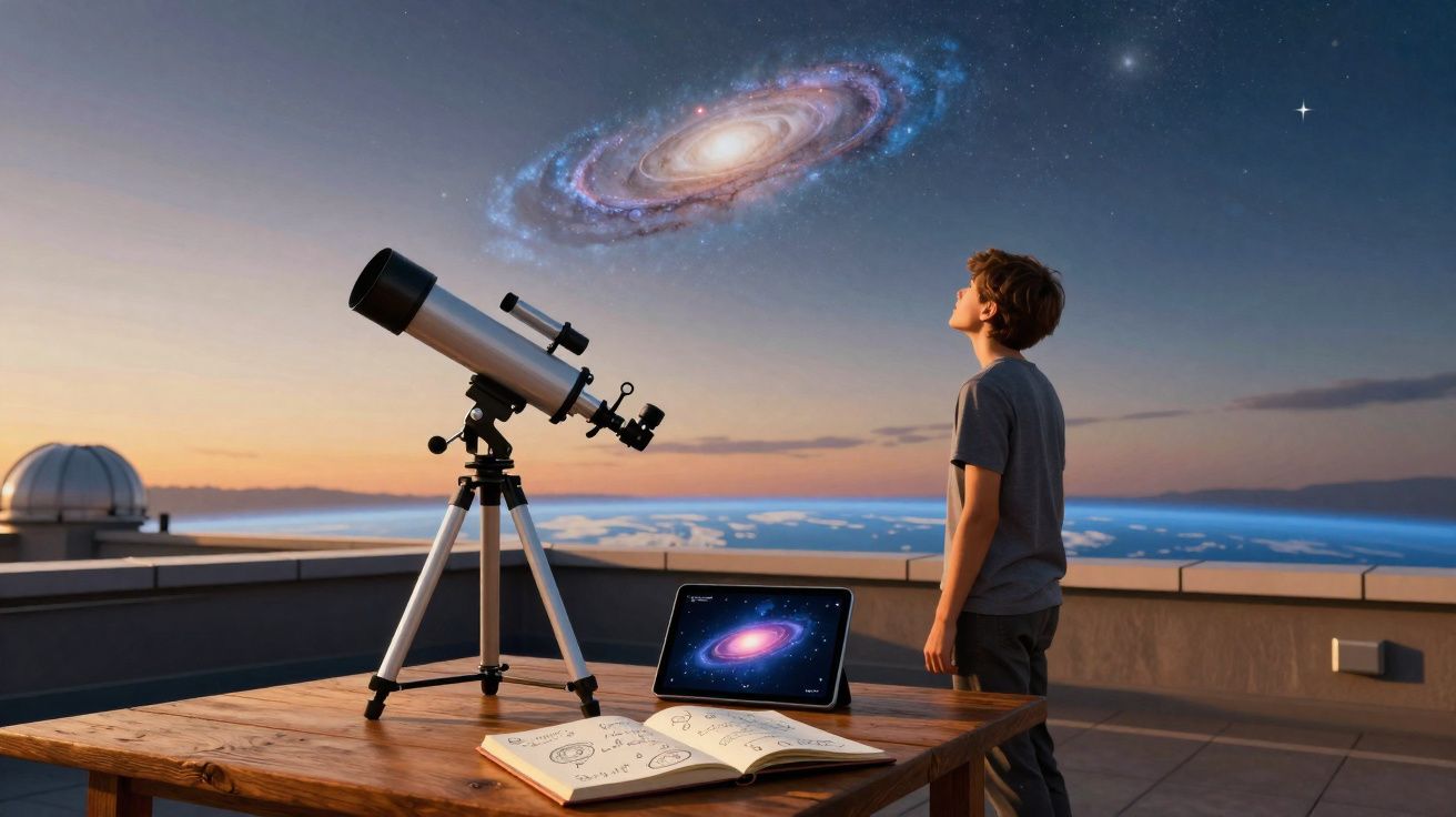 Criança observa o céu estrelado ao pôr do sol com telescópio, livro e tablet numa varanda.